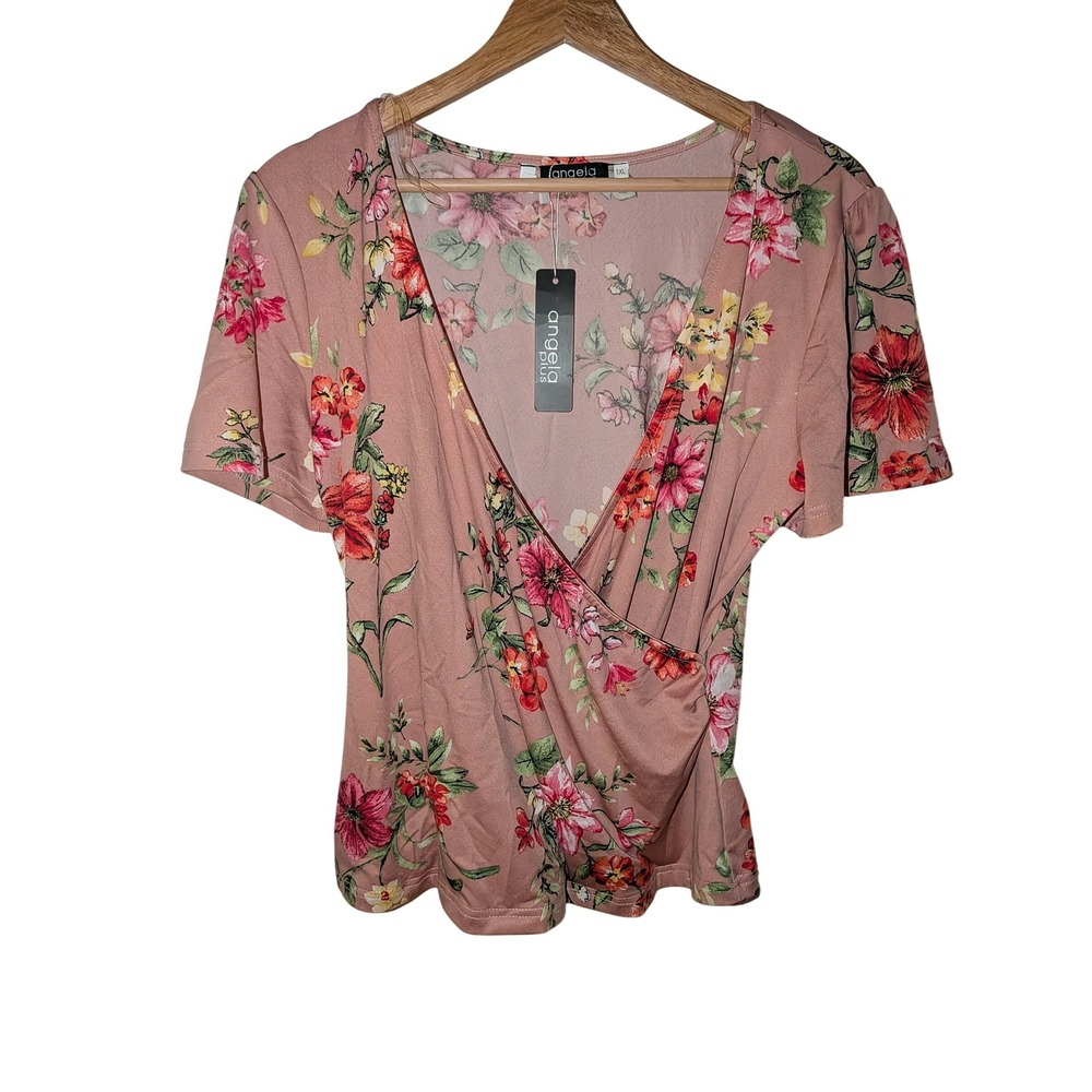 Angela Plus Womens 1XL Pink Floral Surplice Wrap Top Short Sleeve V-Neck Blouse